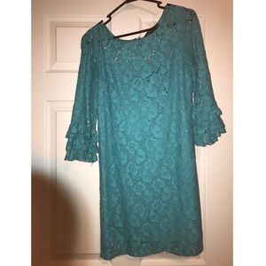 Teal lace dress.
